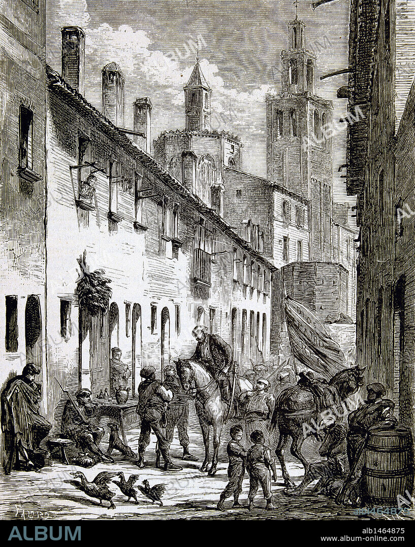 SEGUNDA GUERRA CARLISTA (1846-1849) No consiguió tomar cuerpo más que en Cataluña, donde se denomino "GUERRA DELS MATINERS" o de los madrugadores, a causa del malestar causado por el centralismo y el sistema de levas forzosas. "LA PARTIDA DEL BRIGADIER JUAN CASTELLS Y ROSSELL (1802-1891) DE UN PUEBLO DE CATALUÑA". Grabado del s. XIX.