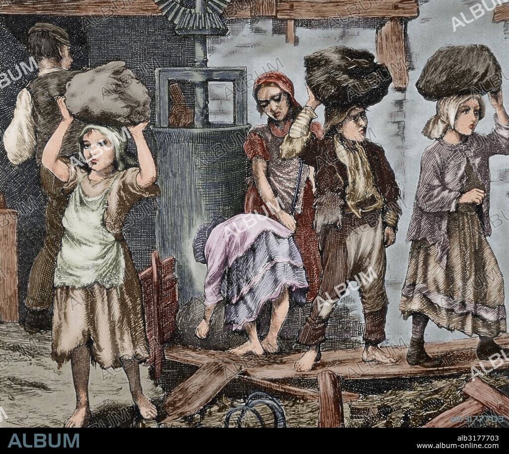 Niños y niñas trabajando en una industria de principios del siglo XIX. Grabado de la época. Coloreado.