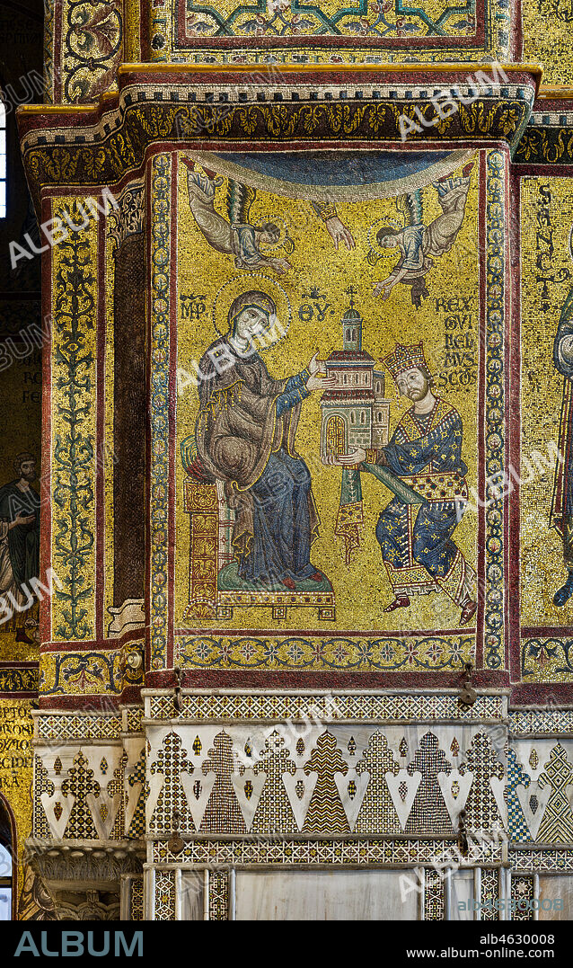 Monreale Cathedral, transept: the Byzantine mosaic which depicts King William II offering the Cathedral to the Virgin Mary. The mosaics of the Cathedral were made between the twelfth and mid-thirteenth century by partly local and partly Venetian workers, trained at the Byzantine school.
