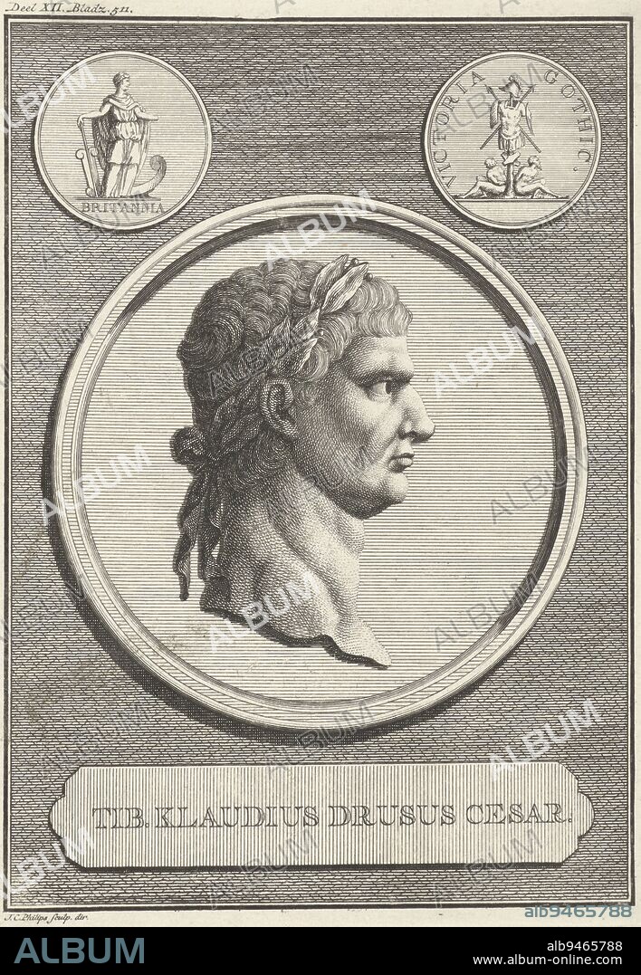 Medal with the portrait of Claudius I Tiberius Claudius Drusus Caesar, Roman emperor In the upper corners Roman coins, Portrait of Emperor Claudius I, print maker: Jan Caspar Philips, (mentioned on object), Jan Caspar Philips, (mentioned on object), Amsterdam, 1746, paper, engraving, h 183 mm × w 132 mm.