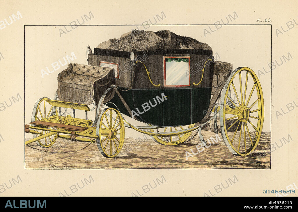 Marie Antoinettes four-wheel Berlin carriage for the flight to Varennes. Berline du voyage de Varennes. Hand-coloured lithograph from Fashions and Customs of Marie Antoinette and her Times, by Le Comte de Reiset, Paris, 1885. The journal of Madame Eloffe, dressmaker and linen-merchant to the Queen and ladies of the court.