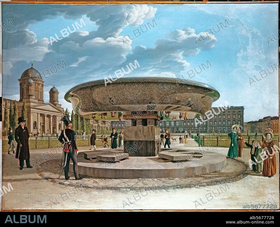 Berlin-Mitte, Lustgarten. "Die Granitschale im Berliner Lustgarten". (1831 aufgestellt; v. li. Dom, Stadtschloß, Schloßfreiheit; li. Baurat Cantian, re. Hummels Söhne Erdmann und Fritz). Gemälde, 1831, von Johann Erdmann Hummel (1769-1852). Öl auf Leinwand, 65,5 × 87,5 cm. Berlin, Märkisches Museum.