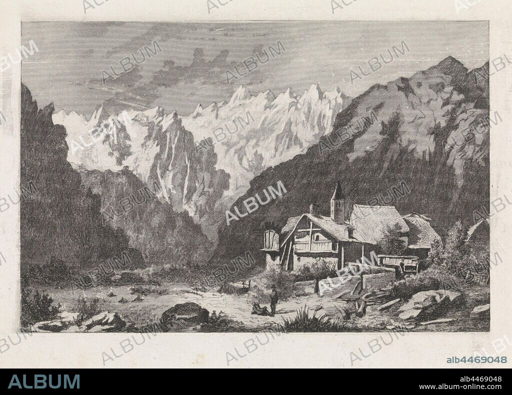 View of the Col du Géant, View of the Col du Géant near Courmayeur, Italy. A few houses are shown for Col du Géant, one of which has a tower. There are two men at the houses. In the background you can see the Col du Géant, the middle peaks of which are snowy, mountains, mountain range, snow peaks, village, Italy, Courmayeur, David van der Kellen (1827-1895), 1837 - 1885, paper, drypoint, h 125 mm × w 169 mm.