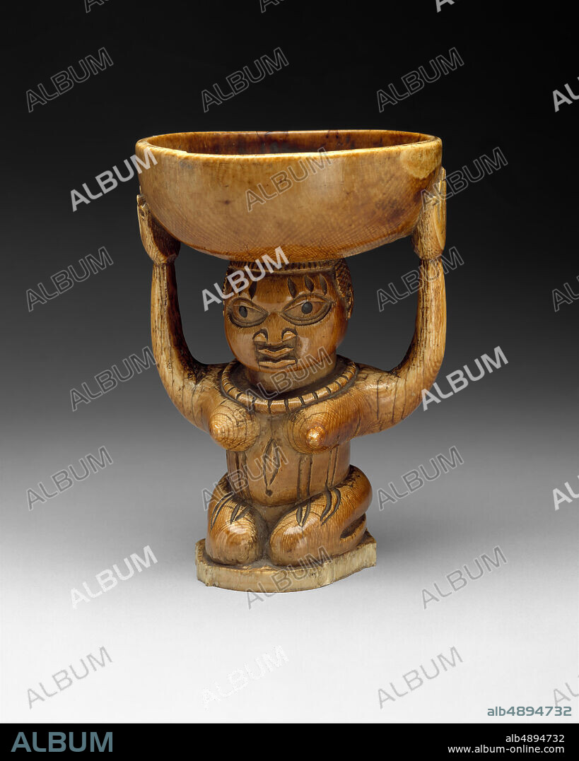 Ifa Divination Vessel: Female Caryatid (Agere Ifa), Yoruba peoples, Owo group, 17th19th century, Nigeria, Yoruba peoples, Owo group, Ivory, wood or coconut shell inlay, H. 6 3/8 x Diam. 4 1/2 in. (16.2 x 11.4 cm), Bone/Ivory-Containers.