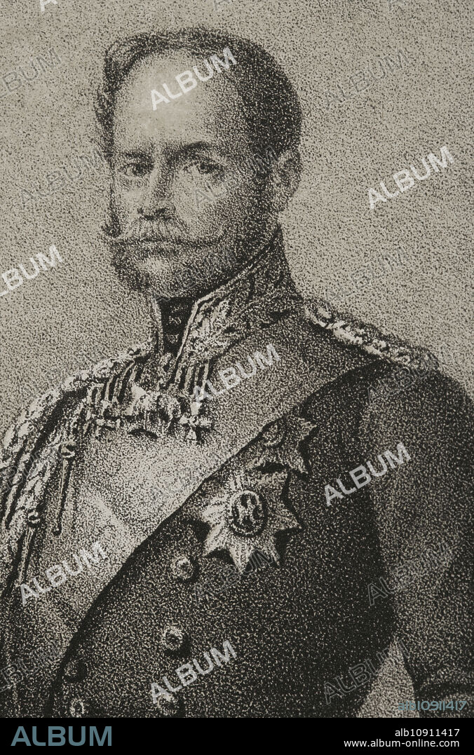 JULIO DONÓN. SPANISH ARTIST ACTIVE FROM 1840 TO 1880. LUIS CARLOS LEGRAND (FL. 1829-1858). SPANISH DRAUGHTSMAN AND LITHOGRAPHER.. Federico de Prusia (1794-1863). Príncipe prusiano. General de la caballería real y comandante de división. Retrato. Dibujo por C. Legrand. Litografía por J. Donón. Detalle. Reyes Contemporáneos. Tomo III. Publicado en Madrid, 1854.