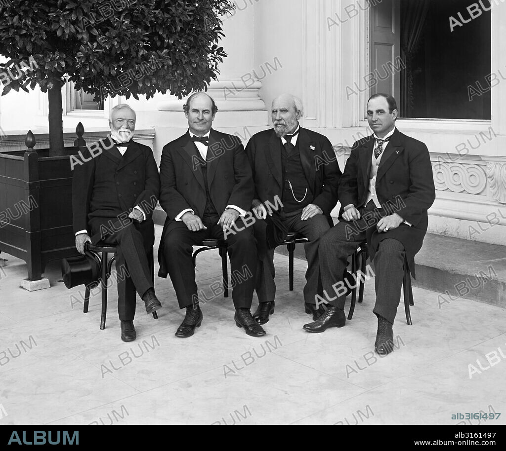 Washington, D.C.: May, 1908 L-R: Andrew Carnegie, William Jennings Bryan, James J. Hill (Railroad Magnate), and John Mitchell (President of United Mine Workers). They were invited by Teddy Roosevelt to attend the Governors Converence where they discussed his ideas for nationwide conservation.