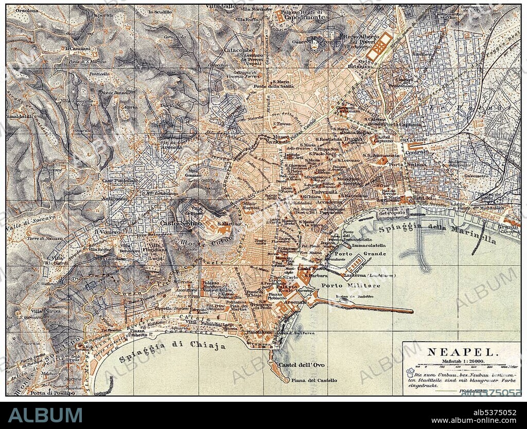 Historical map of Naples and surroundings, Italy, 19th Century, from Meyers Konversations-Lexikon encyclopaedia, 1889, Europe.