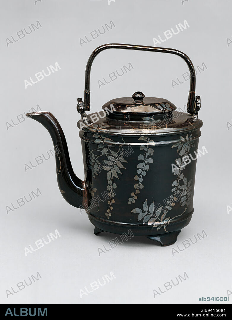 Ewer for hot water with wisteria, late 16th - early 17th century, Unknown Japanese, 9 13/16 × 8 15/16 × 6 7/16 in. (24.92 × 22.7 × 16.35 cm), Black lacquer with traces of red lacquer and silver and gold maki-e, Japan, 16th-17th century, In the late 16th century, the nobility began to add elegant hot-water ewers like this to their tableware. Later, such a ewer might have been used for the light meals that precedes chanoyu, the ceremonial preparation of powdered green tea.