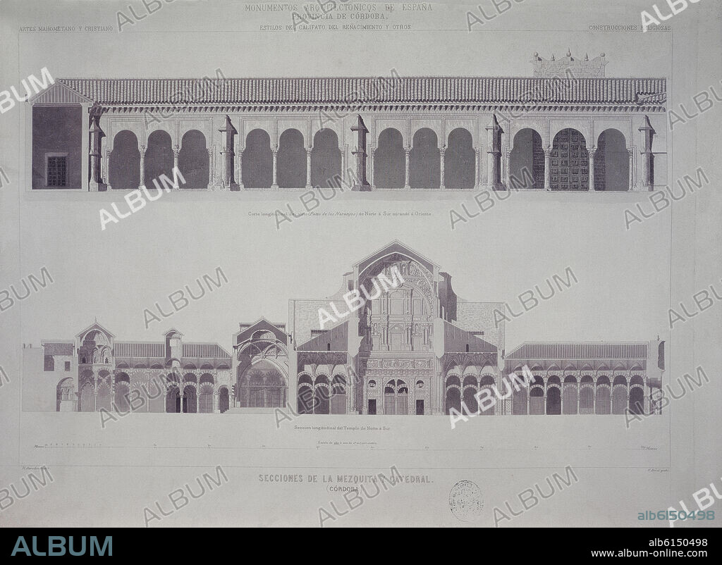 BUXO E / ARREDONDO R. SECCIONES DE LA MEZQUITA Y CATEDRAL DE CORDOBA - GRABADO POR E BUXO Y DIBUJADO POR R ARREDONDO - SIGLO XIX - MONUMENTOS ARQUITECTONICOS DE ESPAÑA.