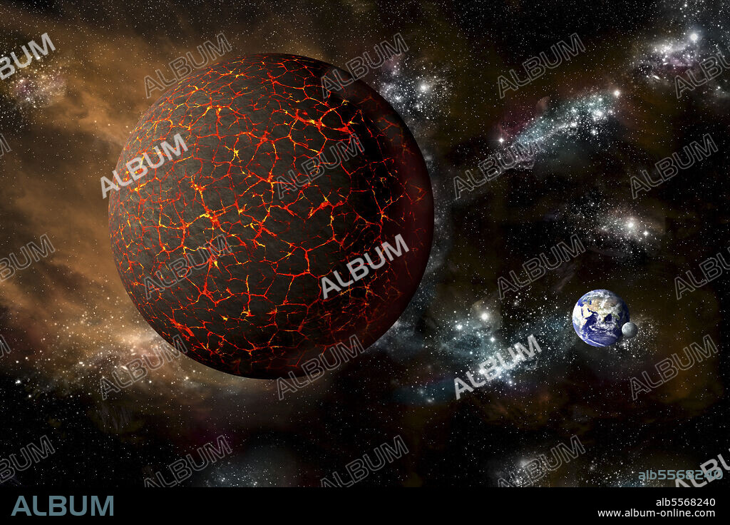 A depiction of the mythical planet known as Nibiru, or Planet X, as it hurtles toward a cataclysmic rendezvous with Earth.