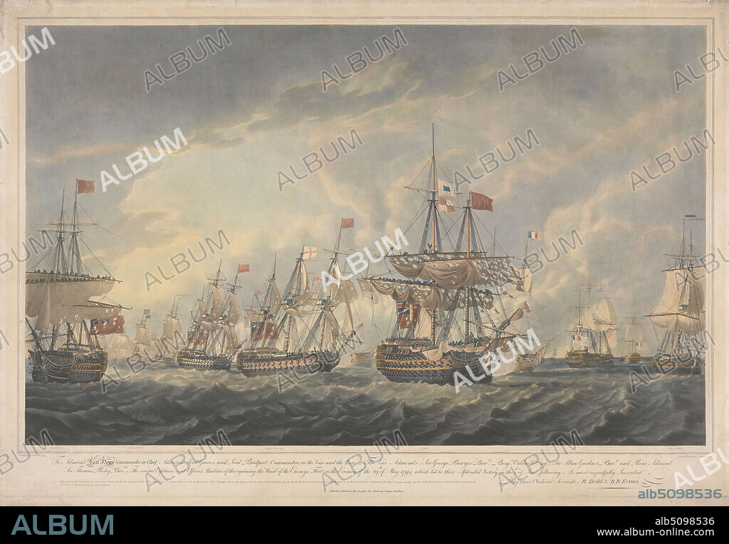 Howe's Victory off Ushant, Robert Dodd, 17481816, British, Published by Benjamin Beale Evans, ca. 17651824, British, 1795, Aquatint with hand coloring in watercolor on medium, slightly textured, cream wove paper, Sheet: 20 7/8 × 30 1/8 inches (53.1 × 76.5 cm) and Image: 17 1/8 × 27 13/16 inches (43.5 × 70.6 cm).