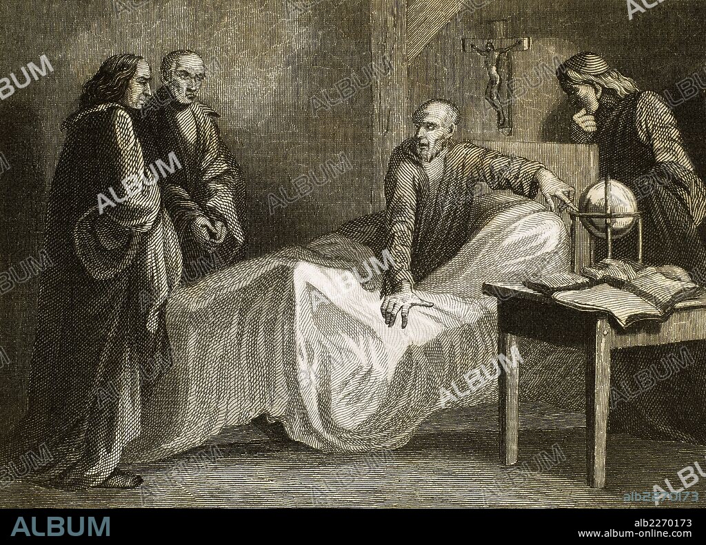 Ignatius of Loyola (1491-1556). Spanish knight,  priest since 1537. Founded the Society of Jesus (Jesuits). Death of Saint Ignatius. Engraving.