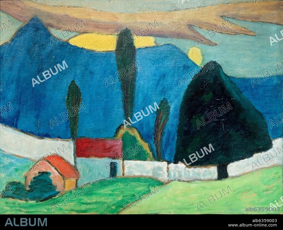 GABRIELE MÜNTER. Münter, Gabriele. 1877-1962. "Landschaft mit weißer Mauer", 1910. Öl auf Pappe, 50 × 65 cm. Inv. Nr. K 1506.
