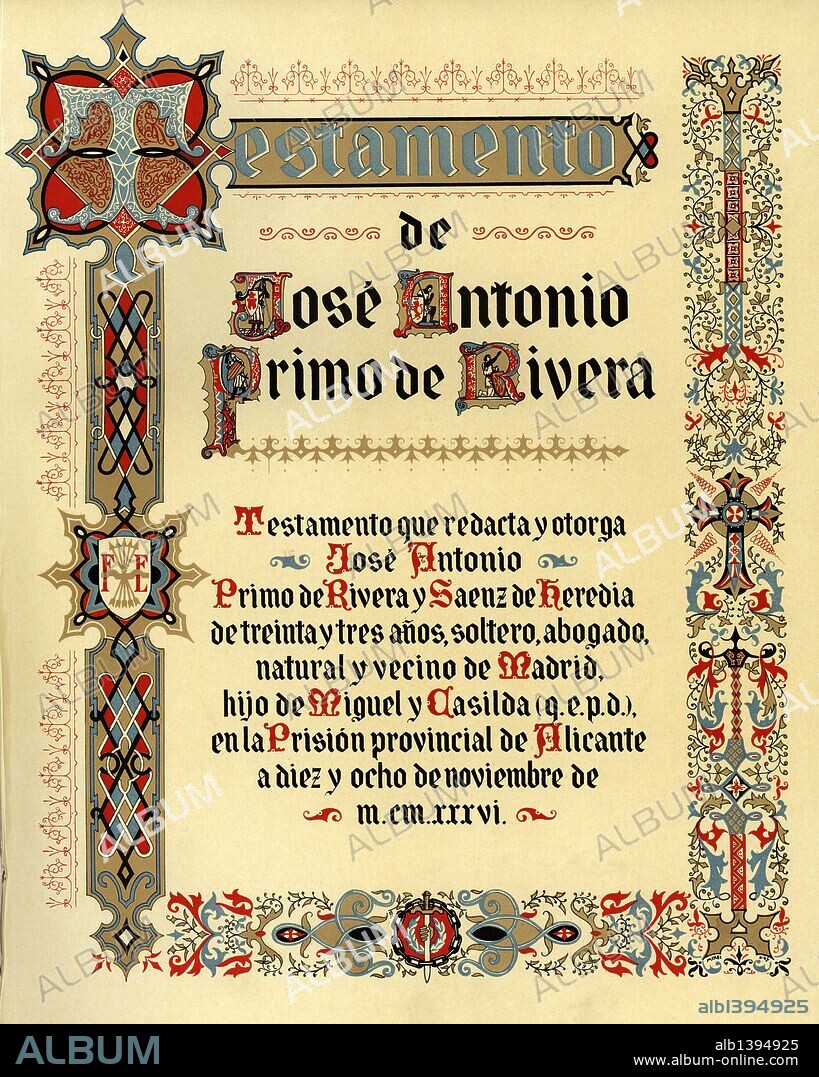 Ilustración para la portada del Testamento político de José Antonio Primo de Rivera, redactado en Alicante, el 18 de noviembre de 1936.
