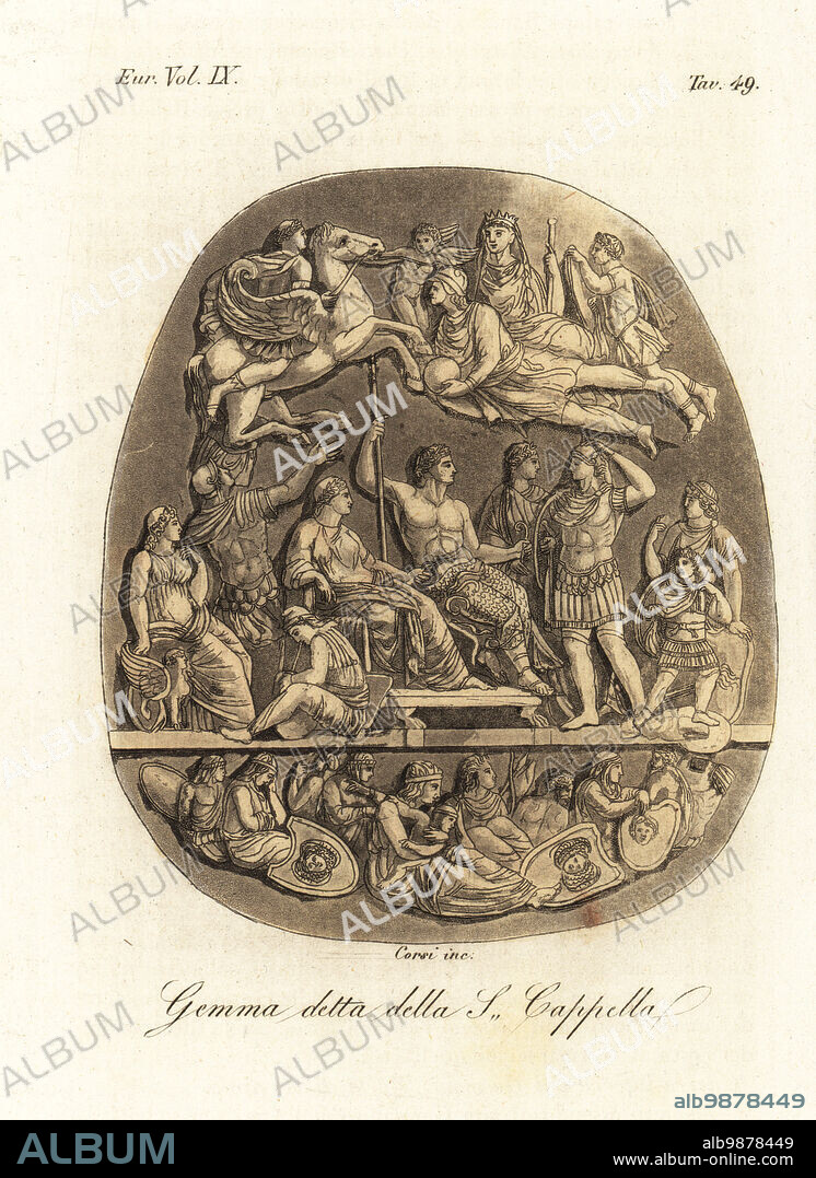 The apotheosis of Emperor Germanicus. It depicts Germanicus with his parents, Emperor Tiberius and Livia, sitting in triumph over conquered German men and women. Roman agate gem found in Sainte-Chapelle in Paris in 1620. Gemma detta della Santa Cappella. Handcoloured copperplate engraving by from Giulio Ferrarios Costumes Ancient and Modern of the Peoples of the World, Il Costume Antico e Moderno, Florence, 1844.