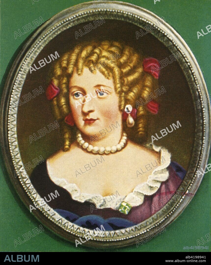 'Marquise De Montespan', (1933). Portrait of Francoise-Athenais de Rochechouart, Marquise de Montespan (1640-1707), chief mistress of King Louis XIV of France. Known as Madame de Montespan, she had seven children by him and was extremely influential in the French court. After a miniature by Jean Petitot. From "Gestalten Der Weltgeschichte", a book of cigarette-card portrait miniatures of figures in world history from the last four hundred years. [Germany, 1933].
