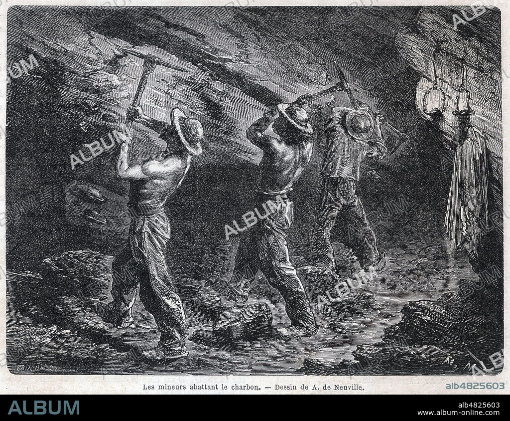Les mineurs abattant le charbon. Illustration de Alphonse de NEUVILLE (1835-1885) pour Le Creusot et les mines de Saone-et-Loire par Louis SIMONIN (1830-1886) repris dans Le Tour du Monde de 1867. Credit : Collection Kharbine-Tapabor.