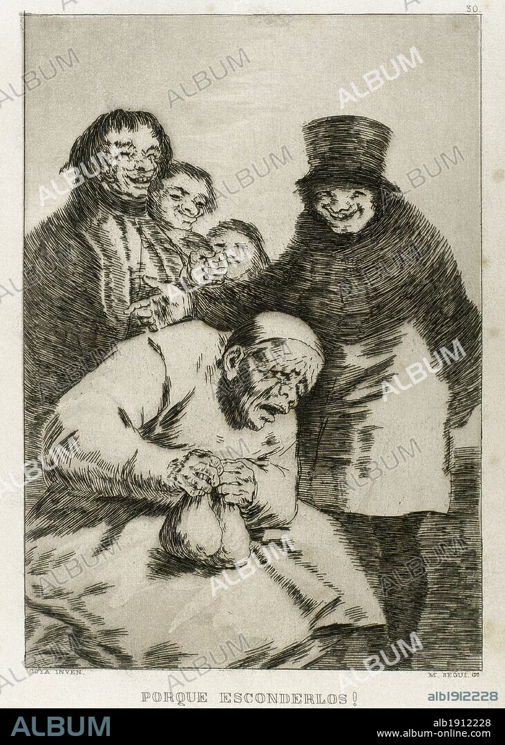FRANCISCO DE GOYA. ARTE S. XVIII. ESPAÑA. GOYA, Francisco (Fuendetodos, 1746-Burdeos, 1828). Pintor y grabador español. "POR QUE ESCONDERLOS!... ". Aguafuerte que perteneece a la colección de 84 grabados titulada "CAPRICHOS" de temática satírico-fantasmagórica, editados en el año 1799. Reproducción de M. Seguí i Riera.