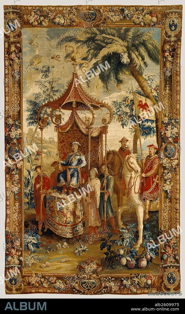 Tapestry: L'Empereur en voyage, from L'Histoire de l'empereur de la Chine Series; After cartoons by Guy-Louis Vernansal, French, 1648 - 1729, and Jean-Baptiste Monnoyer, French, 1636 - 1699, and Jean-Baptiste Belin de Fontenay, French, 1653 - 1715, Beauvais Manufactory, French, founded 1664, woven under the direction of Philippe Béhagle, French, 1641 - 1705; Beauvais, France, Europe; about 1690 - 1705; Wool and silk; Object: W: 254 x L: 415.3 cm (W: 8 ft. 4 in. x L: 13 ft. 7 1/2 in.).