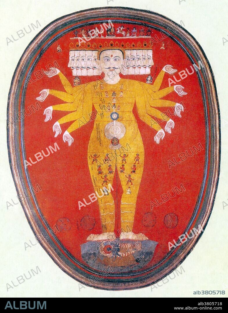 Purusha, the 1000-headed Cosmic Man, stands on Vishnu. The Cosmic Man is also an archetypical figure that appears in creation myths of a wide variety of cultures around the world and parts of his body became physical parts of the universe. The Universe is the Cosmic Man. In Hindu myth, the masculine half of Brahma, of whom Satrap is the feminine half. In some versions, Purusha is a primeval giant from whose body the universe was created. In the allegorized extension of the concept of Brahma, Purusha is also the universal spirit or world-soul. In the Rigveda, Purusha is described as a primeval giant that is sacrificed by the gods and from whose body the world and the varnas (classes) are built. He is described as having a thousand heads and a thousand feet.