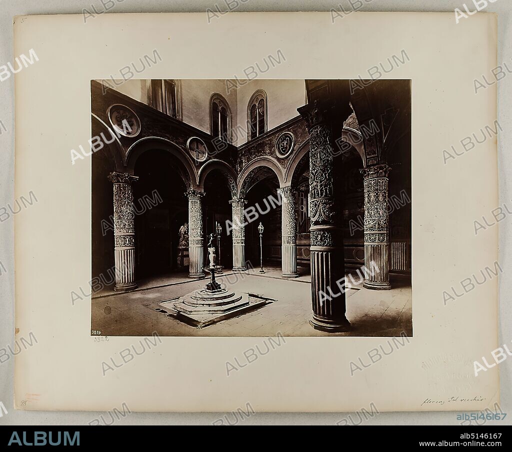 Giorgio Sommer, Atrium in the Palazzo Vecchio of Florence, albumin paper, black and white positive process, sheet size: height: 20.00 cm; width: 25.00 cm, inscribed: recto u. li.: exposed: 3819, below on the cardboard in lead: 3822; lower right. in black ink: Florence Pal[azzo] Veccchio; other numbers: 5, 98, dry stamp: recto and on the cardboard: GIORGIO SOMMER, Largo Vittoria, NAPOLI, stamp: on the back of the cardboard: inventory, travel photography, architectural photography, hist. building, locality, street.