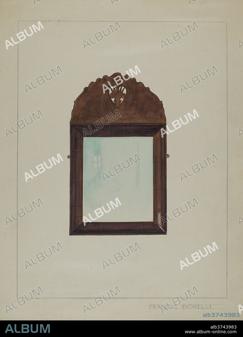 FRANCIS BORELLI. Mirror. Dated: c. 1936. Dimensions: overall: 29.2 x 23.1 cm (11 1/2 x 9 1/8 in.)  Original IAD Object: 22 3/4"high; 13"wide. Medium: watercolor, colored pencil, graphite, and gouache on paperboard.