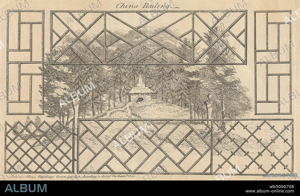 Architectural Designs Incorporating Chinoiserie motifs: China Railing, Print made by George Bickham, 16841769, British, Published by George Bickham, 16841769, British, 1751, Etching on medium, textured, cream laid paper, Sheet: 9 13/16 x 15 3/8 inches (25 x 39.1 cm), Plate: 8 1/4 x 12 7/8 inches (21 x 32.7 cm), and Image: 7 5/16 x 12 11/16 inches (18.5 x 32.2 cm), architectural subject, busts, Chinese, Chinoiserie, designs, fences, garden, hill, pagoda (building), railings, statues, trees, wood.