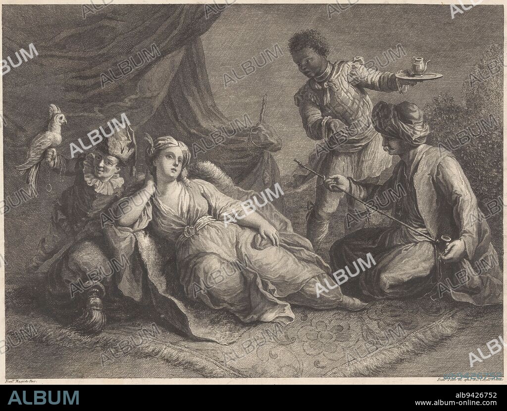 Scene from the play 'Zaire' by Voltaire. A woman lies outside on a rug. To her left a child with a parrot. On the right a man wearing a turban and holding a pipe. Next to them is a servant holding a small jug on a tray. In the bottom margin a line of text in French, Woman lying on a rug Scenes from Voltaire's play Zaire , print maker: Francesco del Pedro, (mentioned on object), after: Francesco Maggiotto, (mentioned on object), publisher: Nicolo Cavalli, (mentioned on object), print maker: Italy, publisher: Venice, 1750 - 1806, paper, engraving, etching, h 347 mm × w 436 mm.