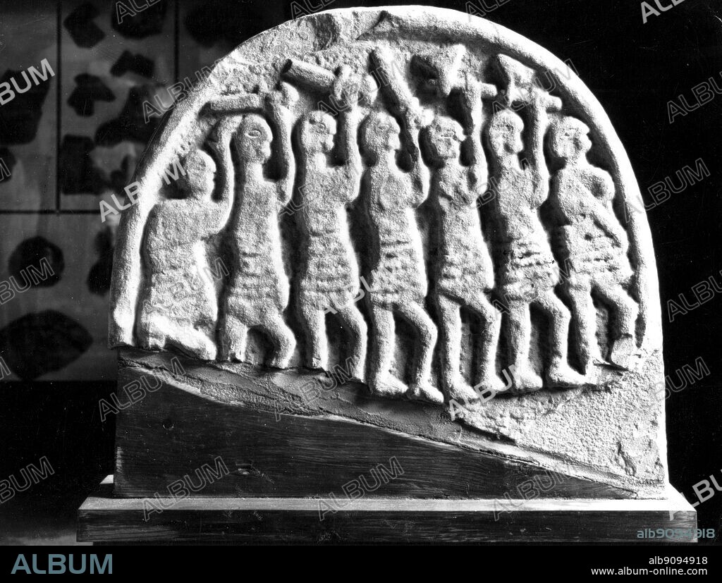 The Vikings attack Lindisfarne, from a picture stone of the eighth or ninth century. Viking warriors ravaged the Anglo-Saxon monastery in 793 AD. The Opening of the World by David Divine, page 58.