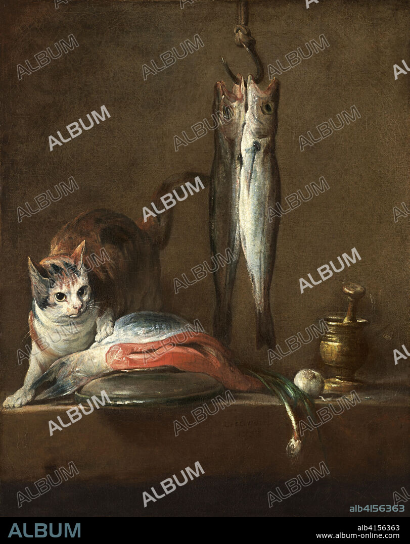 JEAN BAPTISTE SIMEON CHARDIN. Jean Baptiste Simèon Chardin (París, 1699-1779). Bodegón con gato y pescado (1728). Óleo sobre lienzo. 79,5 x 63 cm.