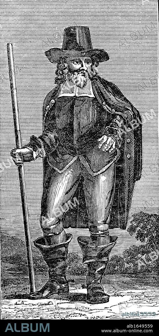 Mathew Hopkins (d1647) witch - finder of Manningtree, Essex, England. In 1645 Hopkina had 60 people executed for witchcraft in Essex alone. He fell under suspicion himself and was 'swum' as a witch. He floated so was found guilty and executed. Woodcut circa 1830.