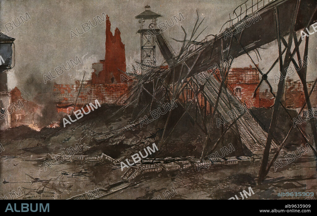 FRANçOIS FLAMENG. ''Offensive en Artois; En Artois (1915), Mines de Lievin: la fosse Calonne', 1915 (1924). From "L'Album de la Guerre 1914-1919, Volume I" [L'Illustration, Paris, 1924].