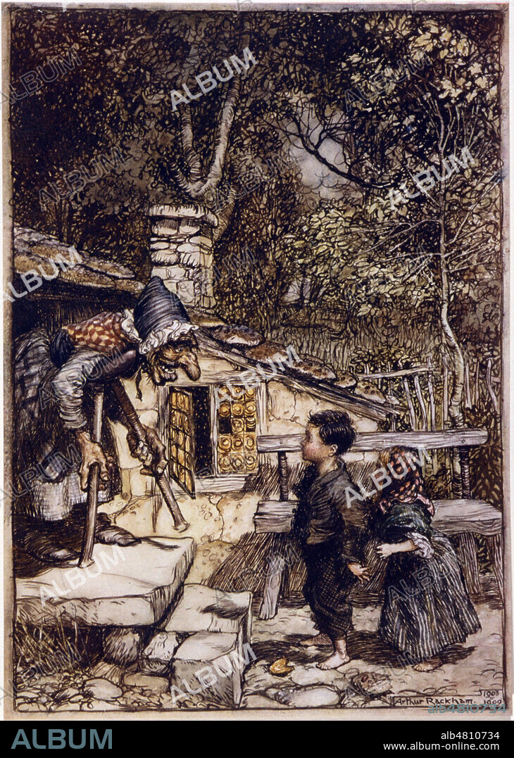 La sorciere accueillant Hansel et Gretel. Conte de Grimm. Illustration par Arthur RACKHAM (1867-1939) vers 1900 in "GRIMMS FAIRY TALES" edition originale, Edit. Doubleday, Page&Co, a N-Y en 1909. Illustration, gravure mise en couleurs par nos soins. Ouvrage original conserv dans nos locaux. Credit KHARBINE TAPABOR.