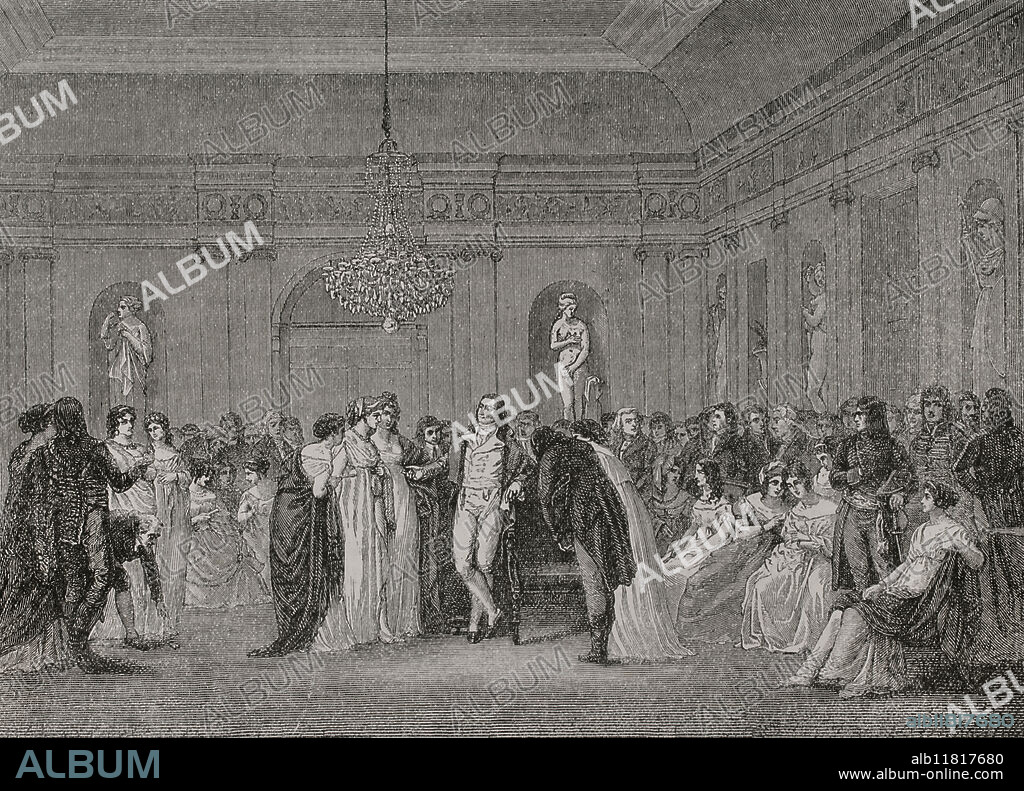 Teresa Cabarrús (Juana María Ignacia Teresa Cabarrús Galambert), llamada Madame Tallien (1773-1835). Dama española, amante y posteriormente esposa del político francés Jean-Lambert Tallien (1767-1820). El salón de Madame Tallien, 1795. Una velada en París durante la revolución, en casa de Paul Barras (1755-1829). Grabado por Gusman. "Historia de la Revolución Francesa". Tomo I, parte 2, 1879.