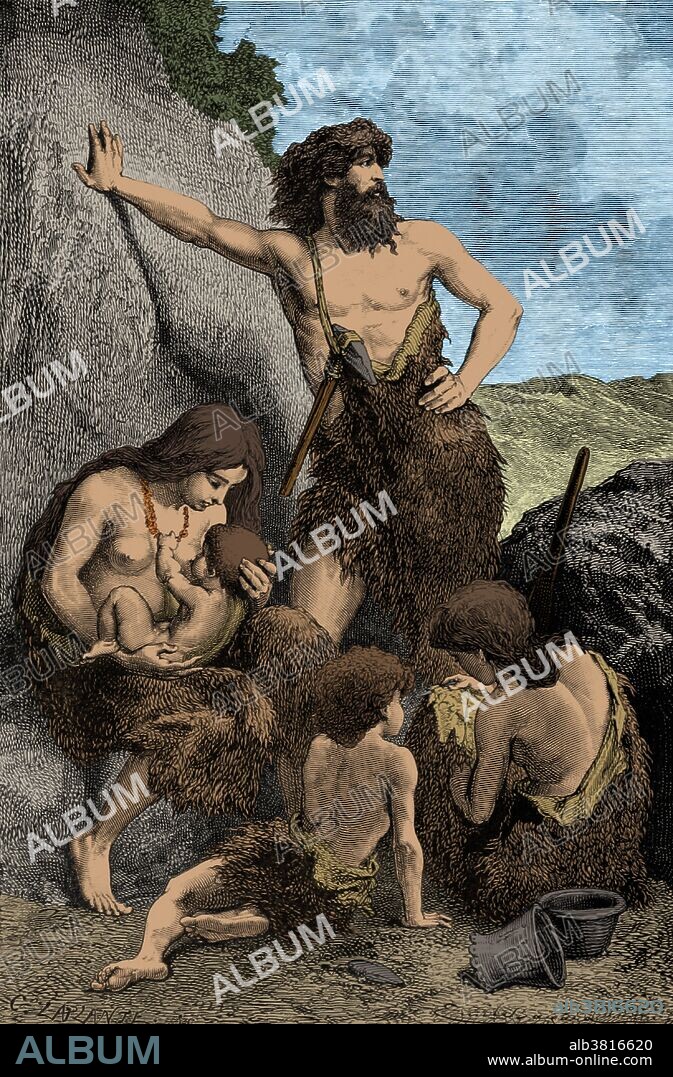 A caveman or troglodyte is a stock character based upon widespread concepts of the way in which early prehistoric humans may have looked and behaved. The term caveman, sometimes used colloquially to refer to Neanderthal people, originates out of assumptions about the association between early humans and caves, most clearly demonstrated in cave painting or bench models. Image taken from page 8 of "Primitive Man" by Louis Figuier. Revised translation from the French by Edward Burnet Tylor. Illustrated with scenes of primitive life, 1870.
