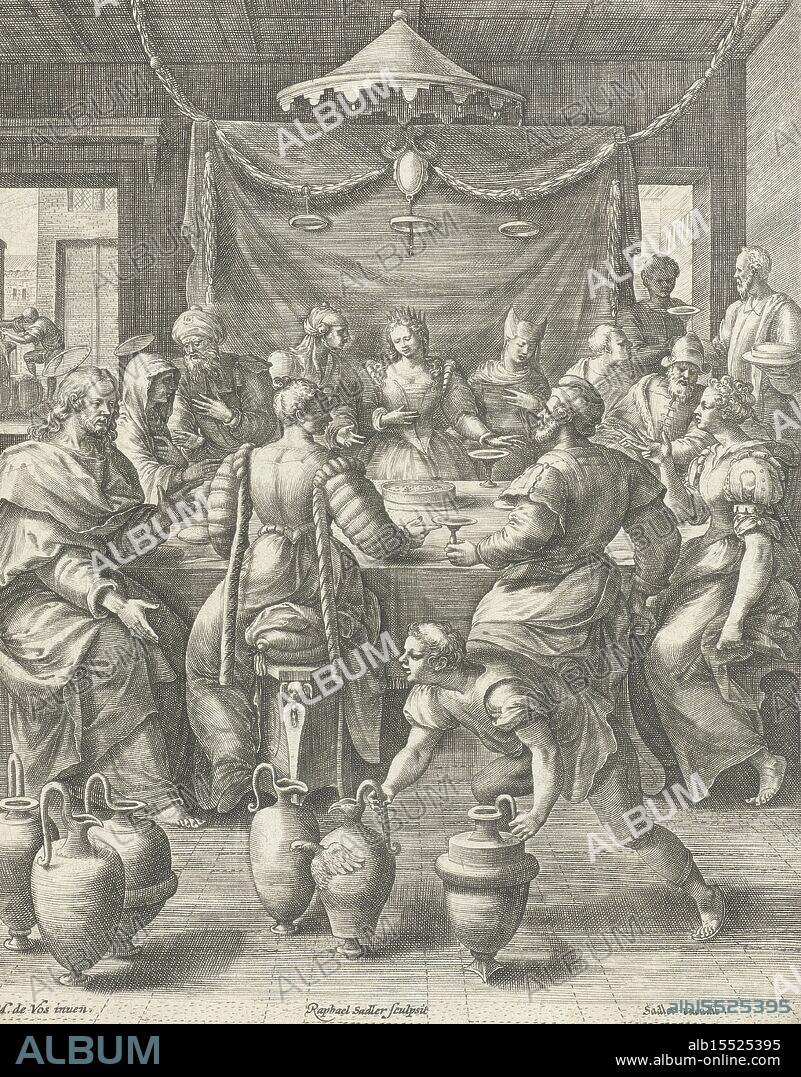Antwerp, Sadeler, Vos, Maerten de, Raphael (I), Vita I. Christi, Life of Christ, Wedding at Cana, verso center bottom - stamped, At the wedding at Cana Christ orders six jars to be filled with water. This happens in the background. Christ then changes the water into wine (John 2:1-11). The print has a Latin caption. The print is part of a series on the life of Christ., print, prints, verso bottom center - stamped, height 196 mm, width 145 mm, Southern Netherlands, 1560, print maker, printmaker, 1583 - 1588, paper, engraving, engraving (printing process), Work conception, 1532 - 1603-12-04, after a design by, Publication (Event), Publication, publisher.
