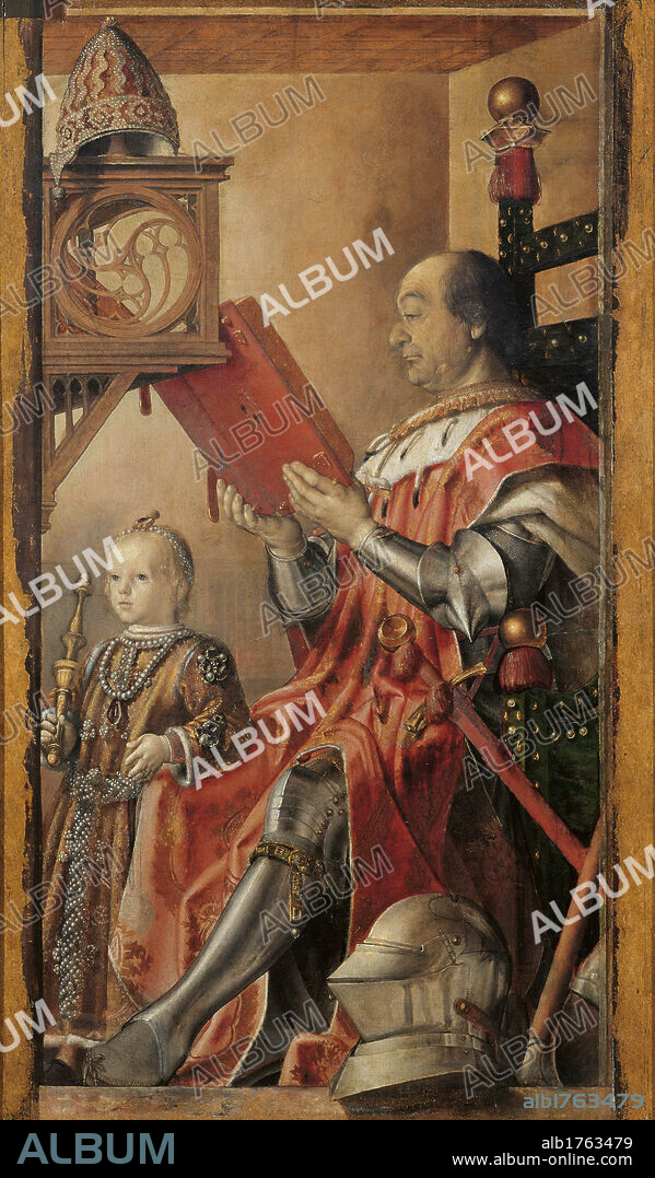 Double Portrait of Federico da Montefeltro and His Son Guidobaldo, by Pedro Berruguete, 1476-1477 about, 15th Century, tempera on panel, cm 134 x 76. Italy, Marche, Pesaro Urbino, Urbino, Marche National Gallery. The painting had been commissioned from the duke around to 1477, based on the apparent age of the little heir. A typical example of dynastic portrait characterized by a particular attention on gestural expressiveness and clothes and destined for an environment of representation of Ducal Palace. All. Portrait profile man hook nose Federico da Montefeltro book reading armor cuirass clock mantle red helmet gray sword armchair son baby child necklaces threads strings pearls room. Authorization required for non editorial use.