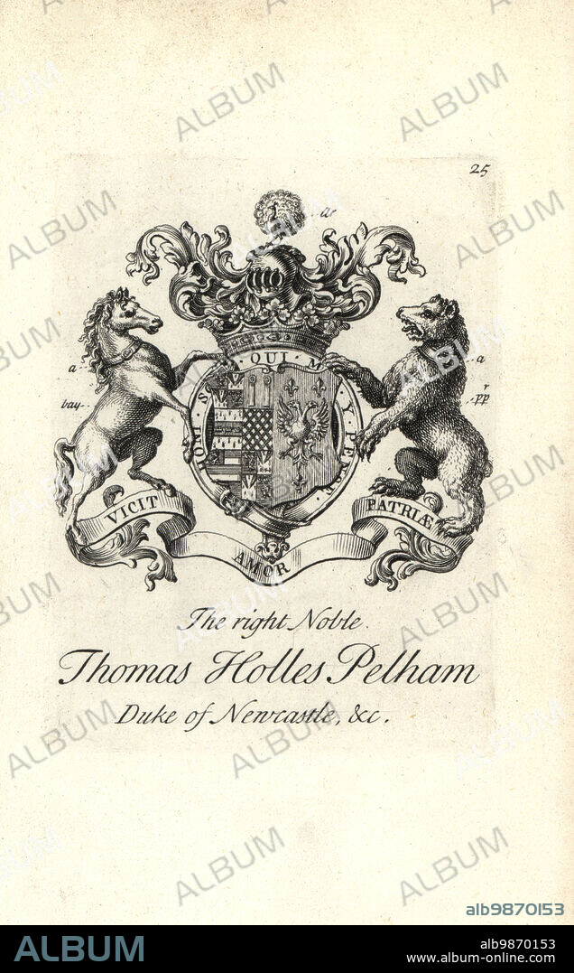 Coat of arms and crest of the right noble Thomas Holles Pelham, 1st Duke of Newcastle, 1693-1768. Copperplate engraving by Andrew Johnston after C. Gardiner from Notitia Anglicana, Shewing the Achievements of all the English Nobility, Andrew Johnson, the Strand, London, 1724.