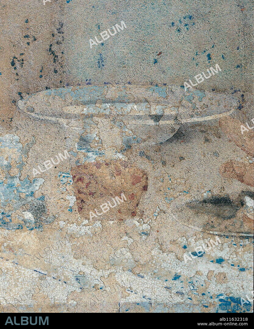 The Cenacle (Last Supper), Leonardo da Vinci, 1495-1497, XV century, tempera and oil on two layers of plaster, 4.6 x 8.8 m. Italy, Lombardy, Milan, Santa Maria delle Grazie. Detail. Deep plate and glass of wine placed before the apostles Matthew and Thaddeus (Credit Image: © Antonio Quattrone/Mondadori Portfolio via ZUMA Press).