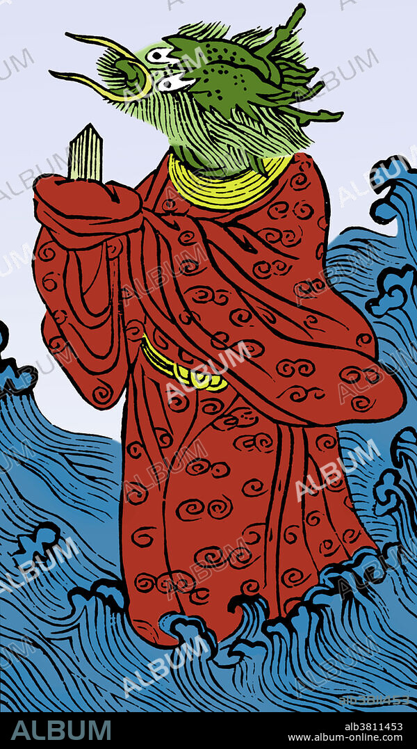 The Dragon King is a deity in Chinese mythology commonly regarded as the divine ruler of the ocean. He has the ability to shape shift into human form and lives in an underwater crystal palace. He has his own royal court and commands an army comprising various marine creatures. Apart from presiding over aquatic life, the Dragon King can also manipulate the weather and bring rainfall. There are four major Dragon Kings, each ruling a sea corresponding to one of the four cardinal directions. They are believed to be the rulers of moving bodies of water, such as waterfalls, rivers, or seas. They can show themselves as water spouts (tornado or twister over water). In this capacity as the rulers of water and weather, the dragon is more anthropomorphic in form, often depicted as a humanoid, dressed in a king's costume, but with a dragon head wearing a king's headdress. Lung Wang was said to be the Chinese Dragon king responsible for the element of.