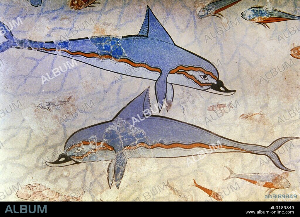 Minoan civilization. Knossos palace, Megaron of the Queen. Bronze Age. Dolphin fresco, detail. A marine scene depicting dolphins composed symmetrically with fishes in the interstices. Detail. LM I period. 1800-1400 BC. Archaeological Museum of Heraklion. Crete, Greece.