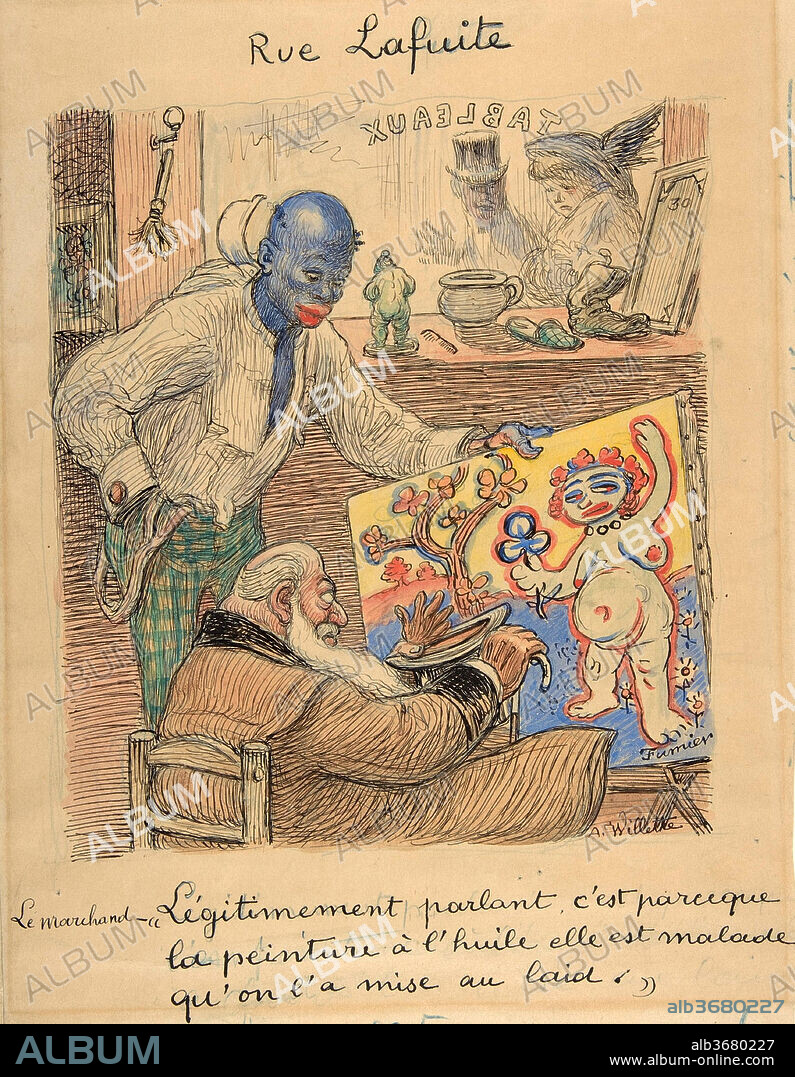 ADOLPHE-LEON WILLETTE. Rue Lafuite (Ambroise Vollard's Gallery on the rue Lafitte). Artist: Adolphe-Léon Willette (French, Châlons-sur-Marne 1857-1926 Paris). Dimensions: 15 7/8 x 9 1/2 in.  (40.3 x 24.1 cm). Sitter: Portrait of Ambroise Vollard (French, 1866-1939). Date: n.d..
