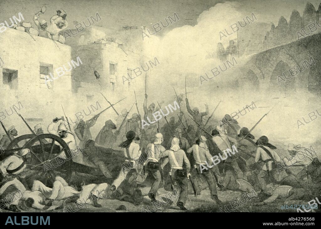 GEORGE FRANCKLIN ATKINSON. 'Nicholson Leading the Attack Through Delhi Streets', 1857, (1901). Delhi was besieged and captured by the British in 1857 during the Indian Mutiny. The capture of the city from the mutineers was vital to the British due to its symbolic importance as the seat of India's Mughal rulers. British soldier John Nicholson played a noted part in the suppression of the Mutiny, devising particularly cruel punishments for the supposed mutineers. He died aged 35 as a result of wounds received in the taking of Delhi. From "The Life and Deeds of Earl Roberts, Vol. I. - To The End of the Indian Mutiny", by J. Maclaren Cobban. [T. C. & E. C. Jack, Edinburgh, 1901].