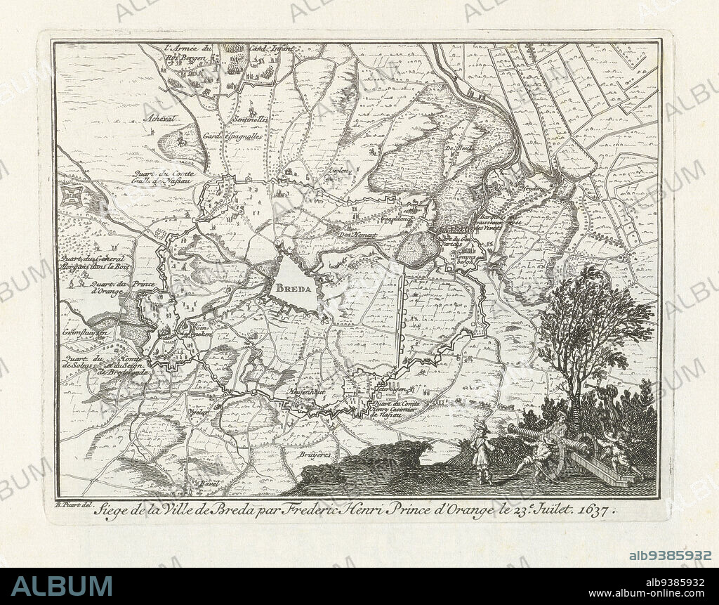 Map of the siege of Breda by Frederick Henry, 1637, Siege de la Ville de Breda par Frederic Henri Prince d'Orange le 23rd. Juilet 1637 (title on object), Map of Breda and the surrounding country during the encirclement and siege by the State army under Frederick Henry, 23 July - 10 October 1637. In the foreground soldiers near a cannon. This plate printed together with another plate on one page., print maker: Bernard Picart (attributed to), intermediary draughtsman: Bernard Picart (mentioned on object), Northern Netherlands, 1732 - 1733, paper, etching, height 108 mm × width 139 mm.