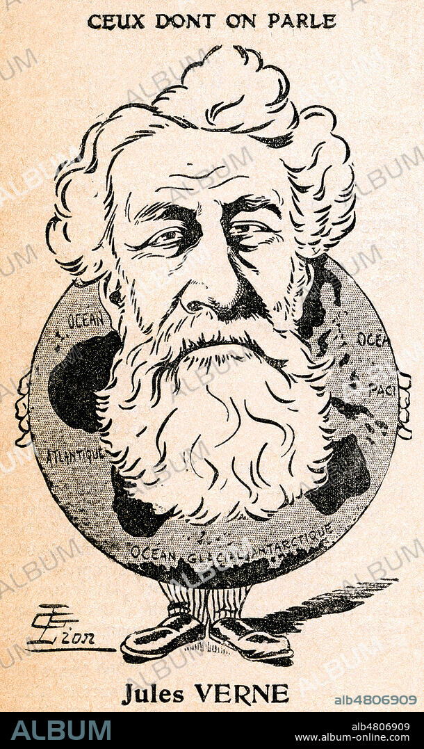 Jules VERNE (1828-1905). Caricature par Gabriel LION (ne en 1875) pour sa serie Ceux dont on parle dans Mon Dimanche du 2 octobre 1904. Credit : Collection Jonas/Kharbine-Tapabor.