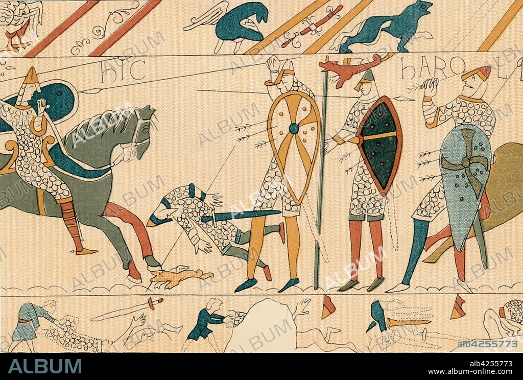 'Battle of Hastings & Death of Harold', (19th century?). King Harold is shot in the eye with an arrow and killed. Illustration of a section from the Bayeux Tapestry, the famous embroidery depicting the Norman invasion of England in 1066.