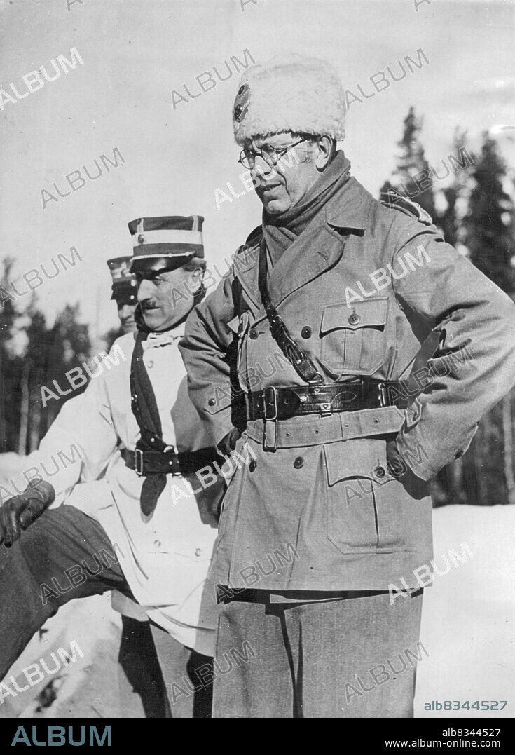 Crown Prince attends Winter Manoeuvres in Sweden: Crown Prince Gustaf Adolf (right) and General Cederschiold, his Adjutant, Taking A Keen interest in The Swedish Army's Winter Manoeuvres, Which Were held in Jamtland, North Sweden. March 09, 1938. (Photo by Keystone).