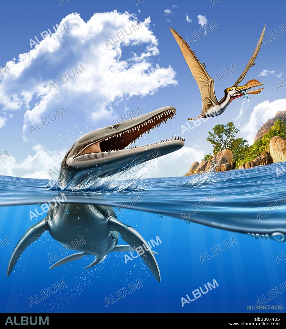 A Plesiopleurodon jumps out of the water, attacking an Ornithocheirus.
