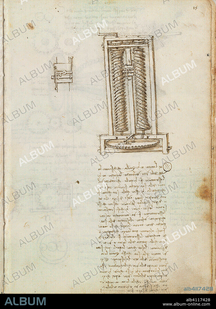 LEONARDO DA VINCI. Folio f 15r. Codex Madrid I (Ms. 8937) "Treaty of statics and mechanics", 192 folios with 384 pages. Internal format: 215 x 145 mm. APPLIED MECHANICS (COMPONENTS).