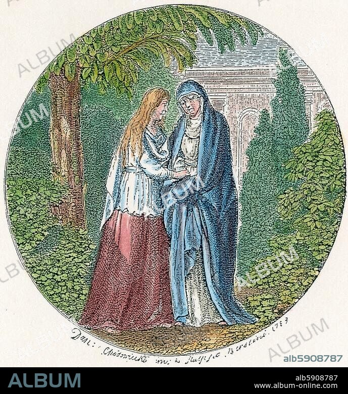 Klopstock, Friedrich Gottlieb Dichter; 1724-1803. Werke: Messias (Epos in 20 Gesängen, 1748-73). Titelvignette zum 7. Gesang: "Maria und Portia, die Frau des Pilatus". Holzstich nach Daniel Chodowiecki. (1726-1801), 1789. Spätere Kolorierung.